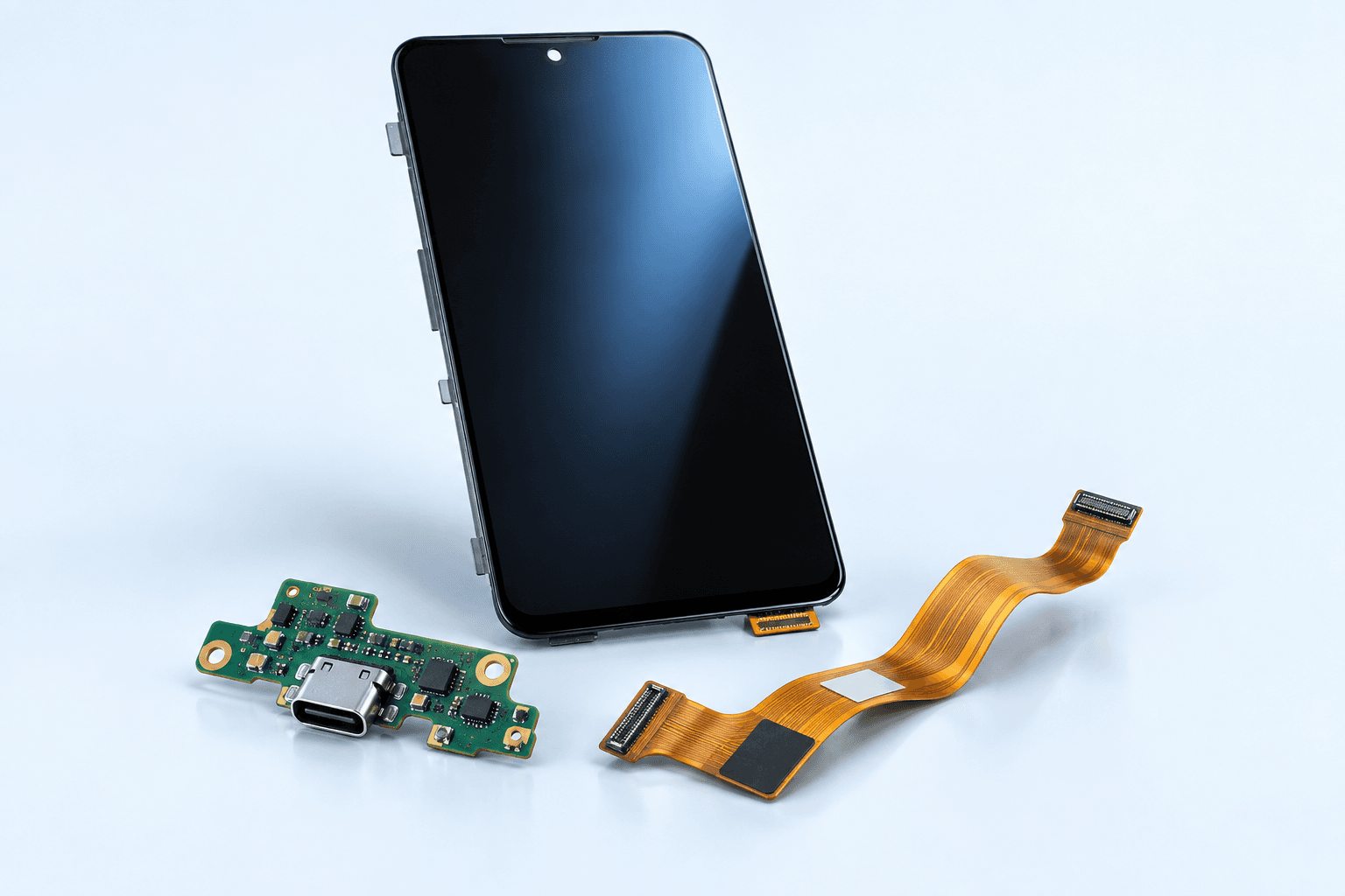 Illustrative smartphone display, charging board and flex cables